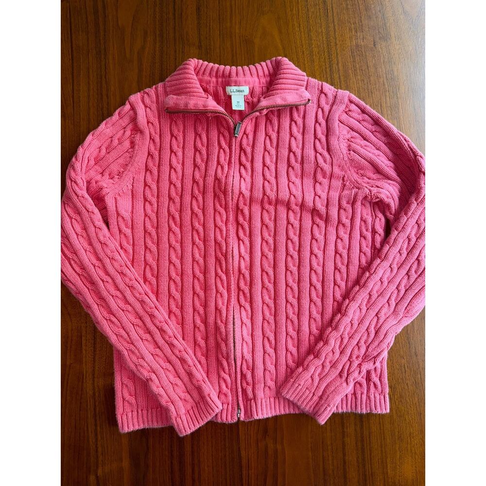 L.L.Bean Women's Pink Full Zip Cable Knit Sweater - Size M